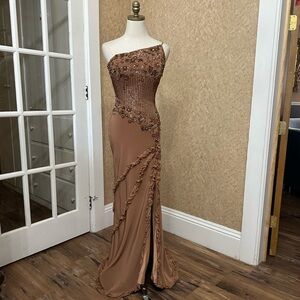 VTG Brown Floral Beaded Sequin Slit Asymmetrical One Shoulder Prom Dress Gown